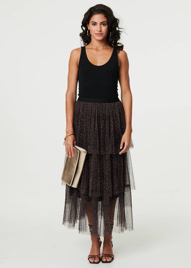 Izabel London Brown Animal Print Tiered Midi Skirt