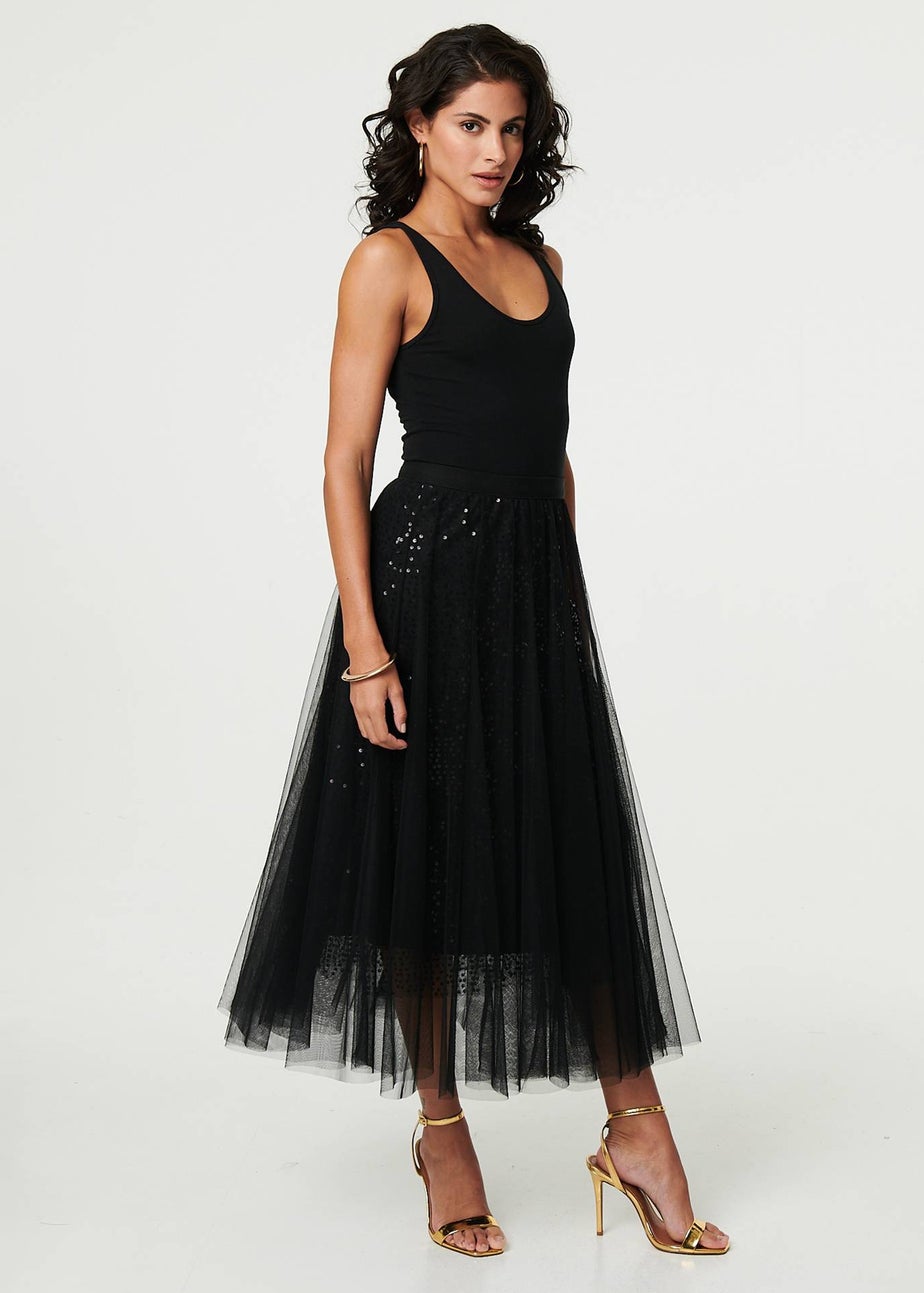 Izabel London Black Embellished Mesh Layer Midi Skirt