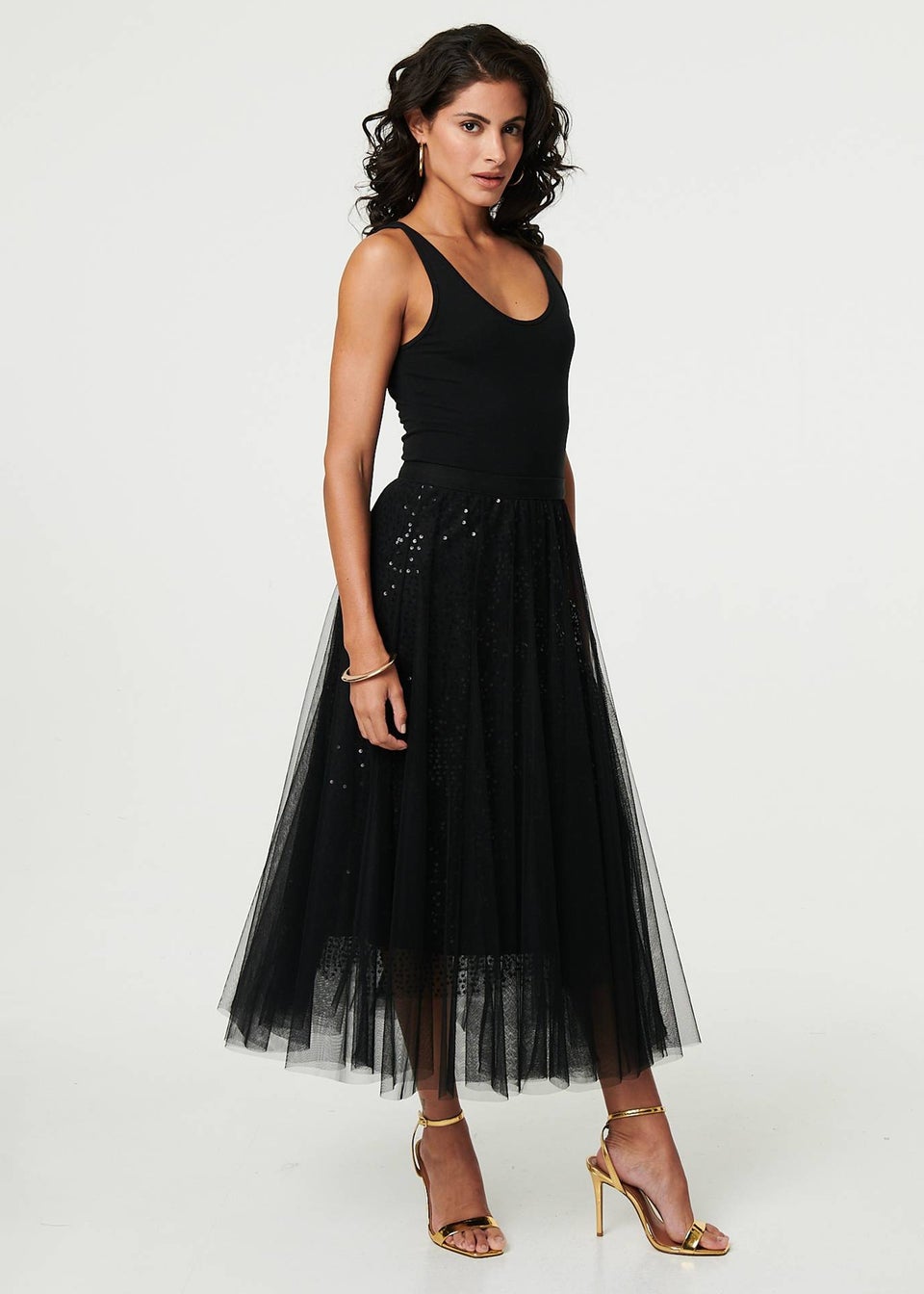 Izabel London Black Embellished Mesh Layer Midi Skirt
