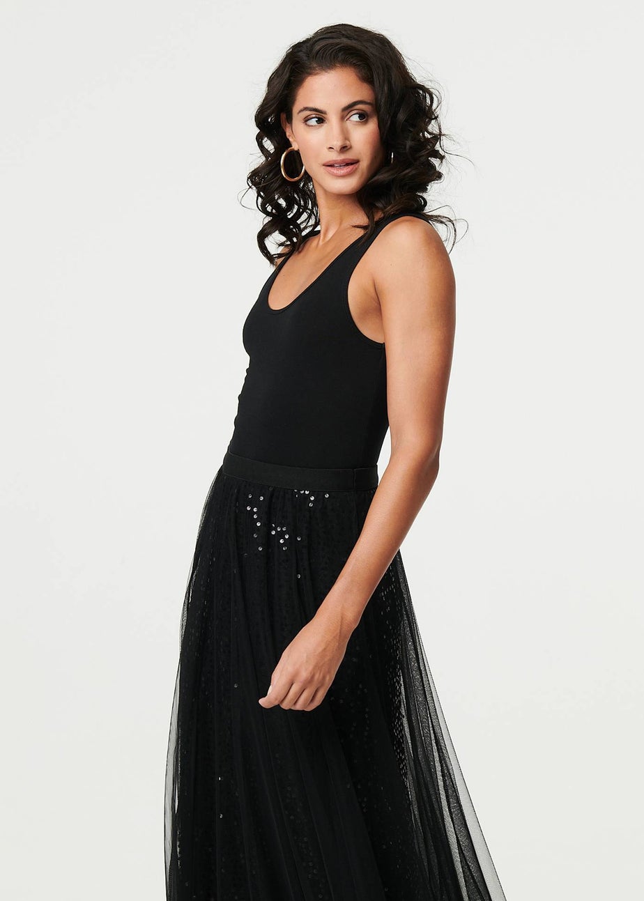 Izabel London Black Embellished Mesh Layer Midi Skirt