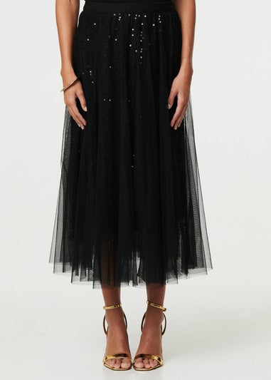 Izabel London Black Embellished Mesh Layer Midi Skirt