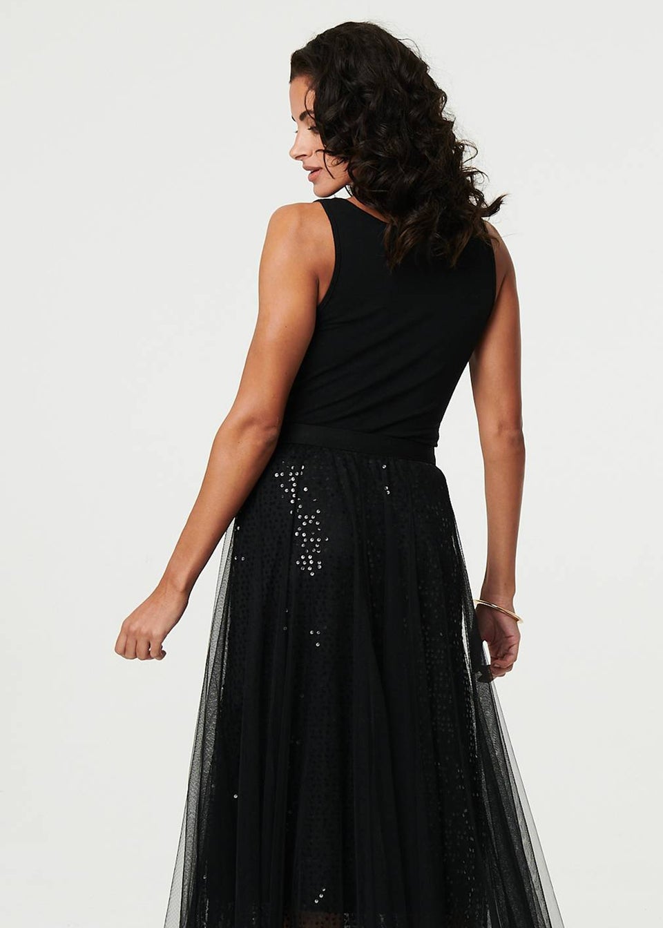 Izabel London Black Embellished Mesh Layer Midi Skirt