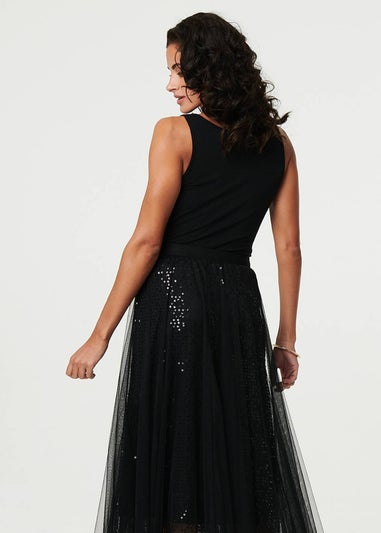 Izabel London Black Embellished Mesh Layer Midi Skirt