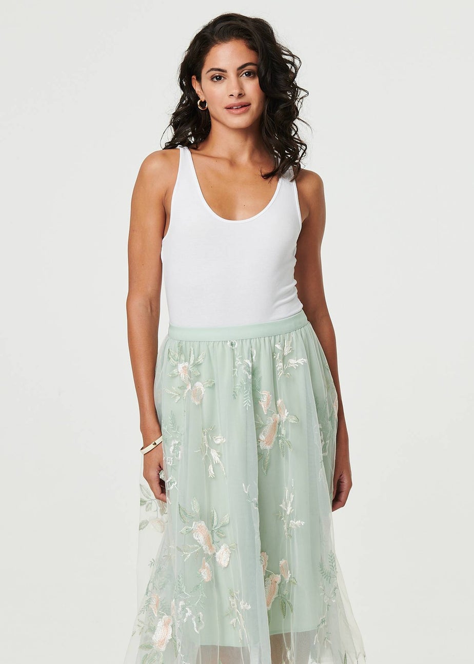 Izabel London Sage Floral Texture Semi Sheer Midi Skirt