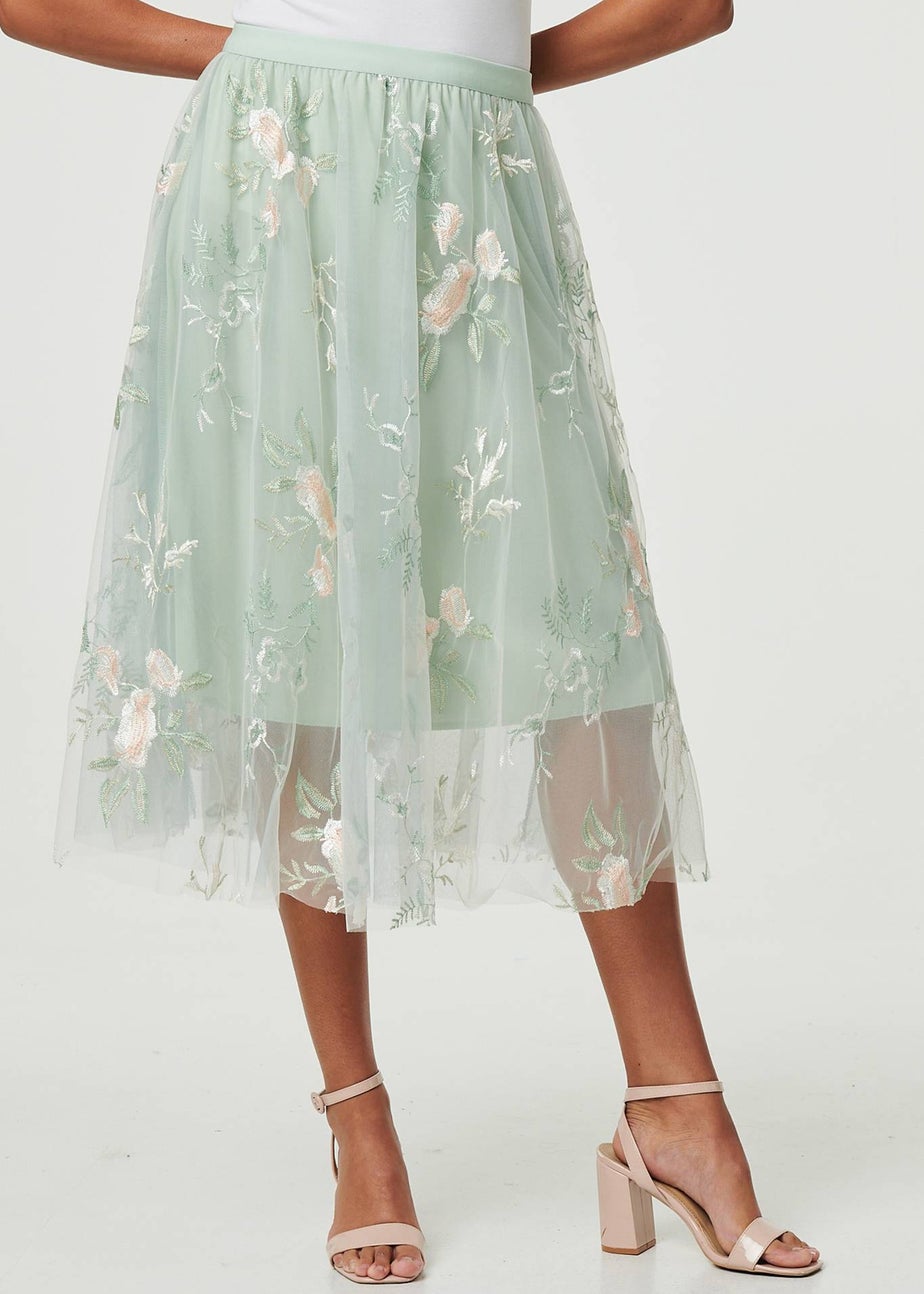Izabel London Sage Floral Texture Semi Sheer Midi Skirt