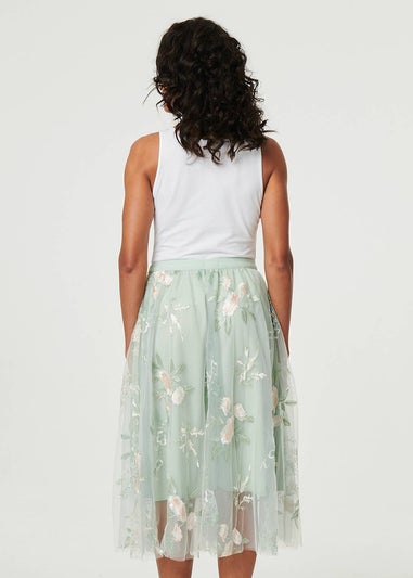 Izabel London Sage Floral Texture Semi Sheer Midi Skirt