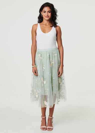 Izabel London Sage Floral Texture Semi Sheer Midi Skirt