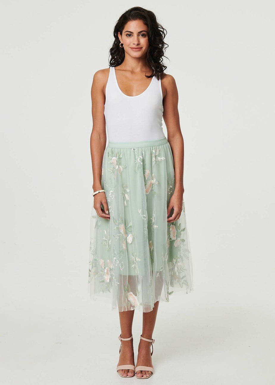 Izabel London Sage Floral Texture Semi Sheer Midi Skirt
