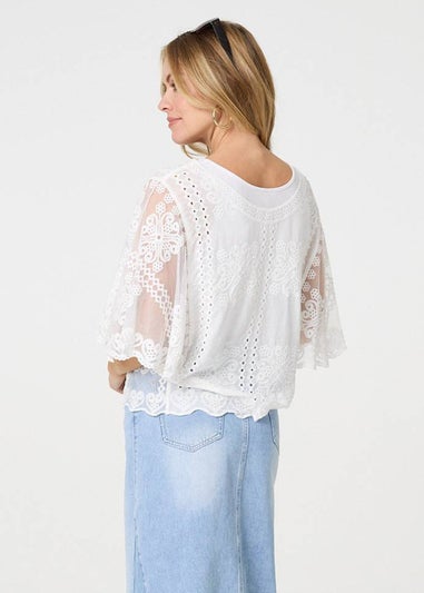 Izabel London White Embroidered 3/4 Sleeve Blouse