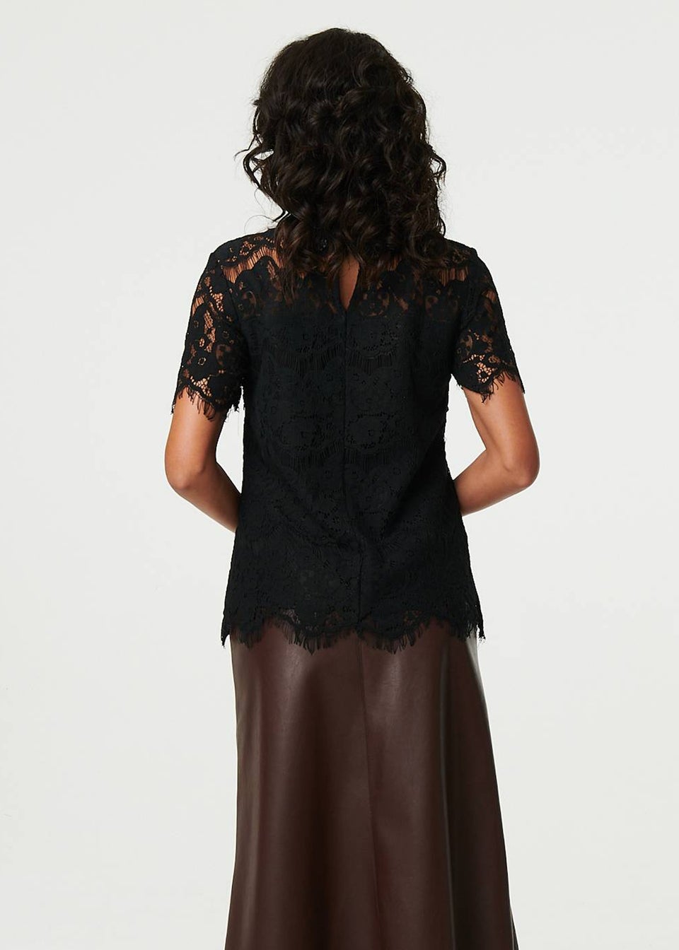 Izabel London Black Lace Overlay Short Sleeve Blouse