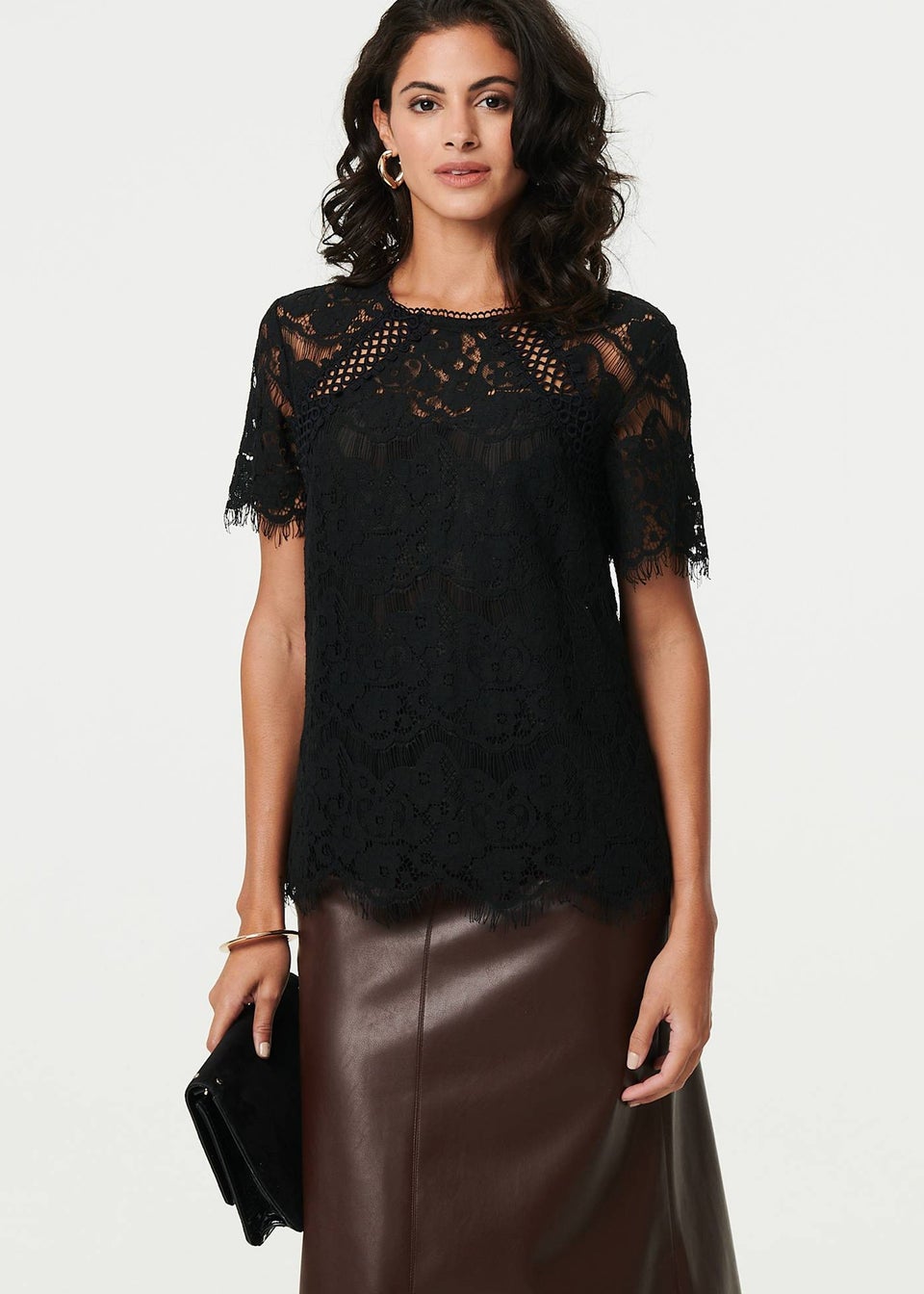 Izabel London Black Lace Overlay Short Sleeve Blouse