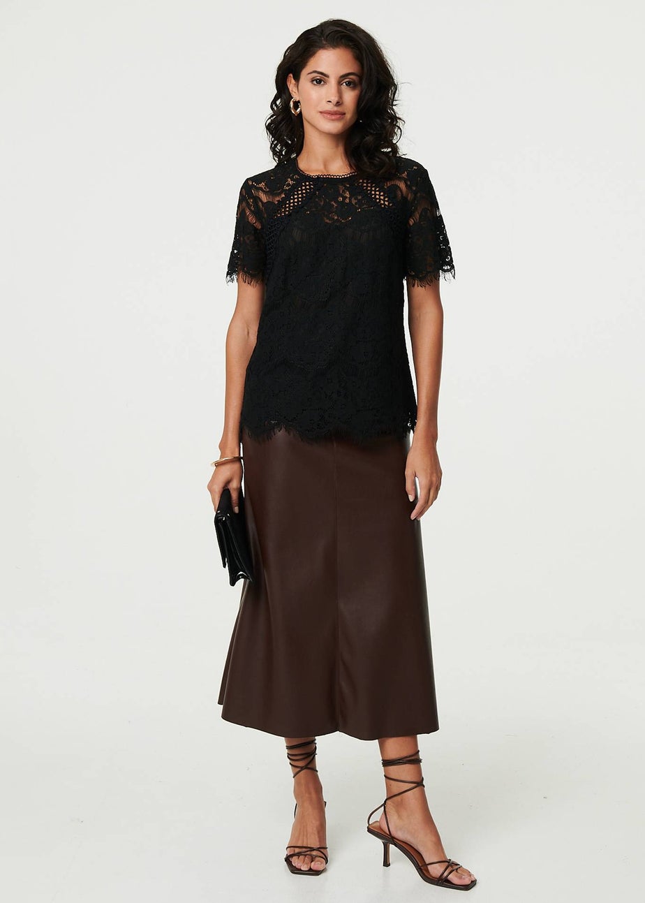 Izabel London Black Lace Overlay Short Sleeve Blouse