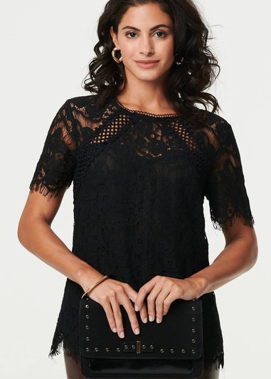 Izabel London Black Lace Overlay Short Sleeve Blouse
