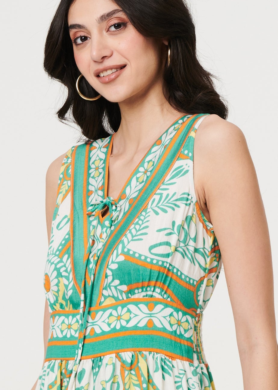 Izabel London Green Printed Sleeveless Tie Empire Maxi Dress