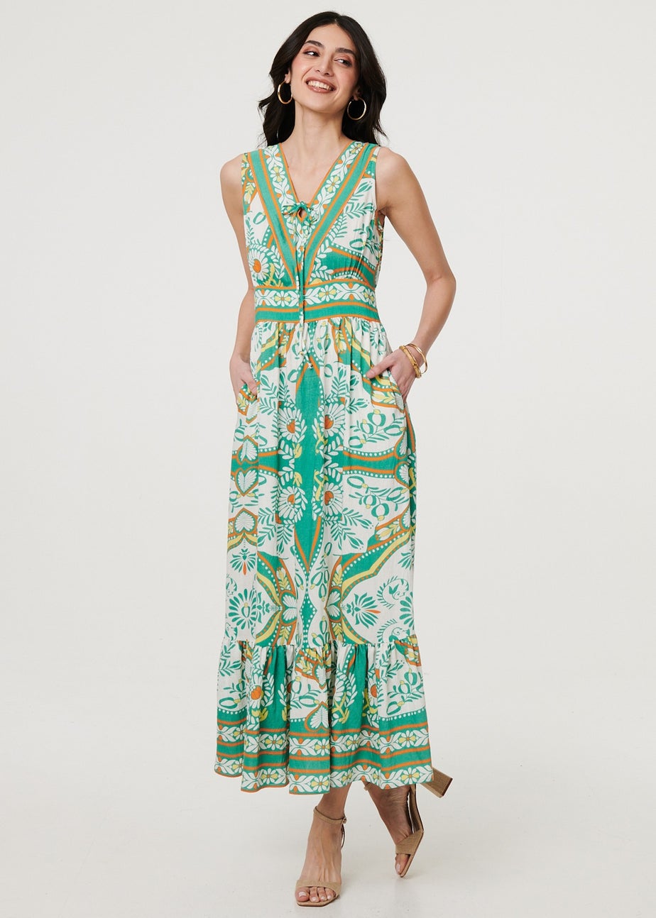 Izabel London Green Printed Sleeveless Tie Empire Maxi Dress
