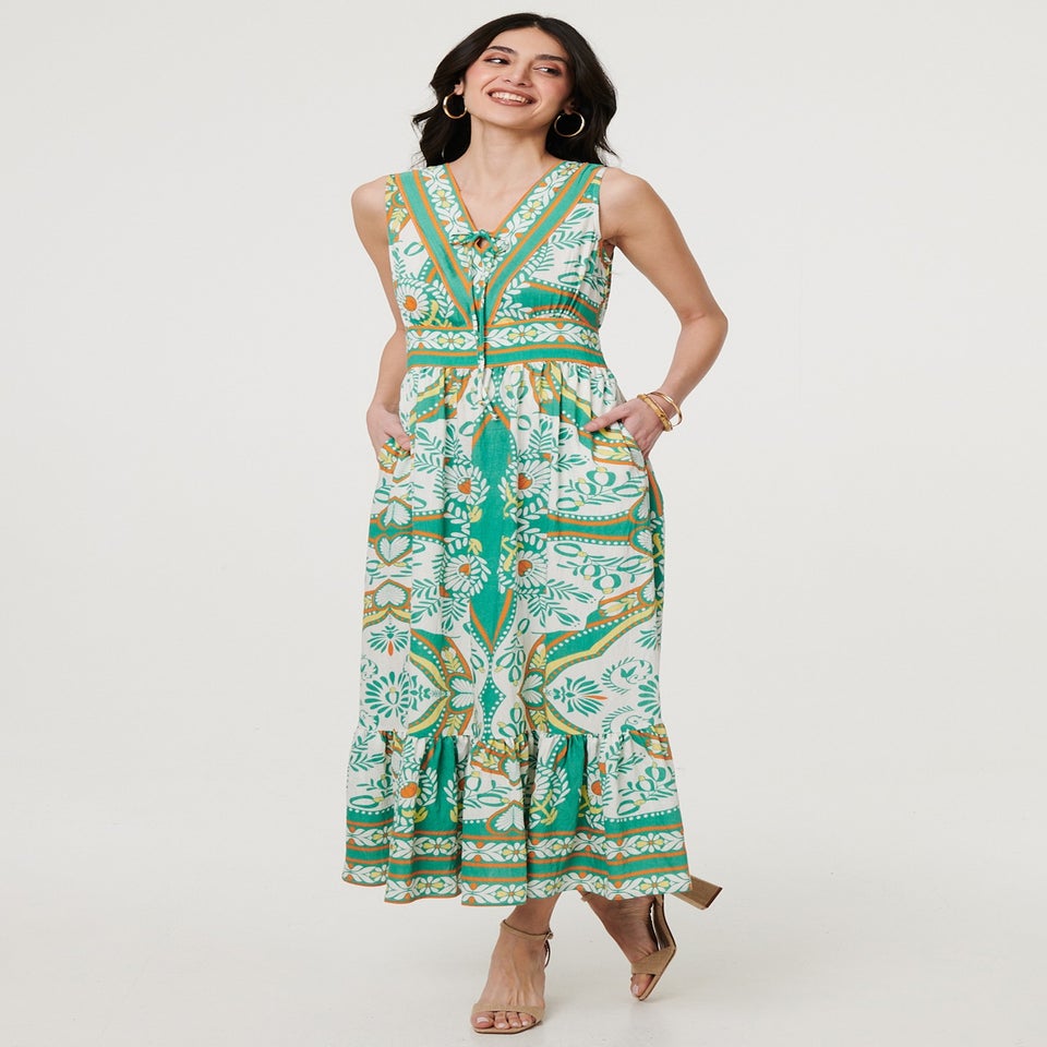 Izabel London Green Printed Sleeveless Tie Empire Maxi Dress