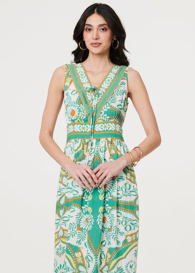 Izabel London Green Printed Sleeveless Tie Empire Maxi Dress