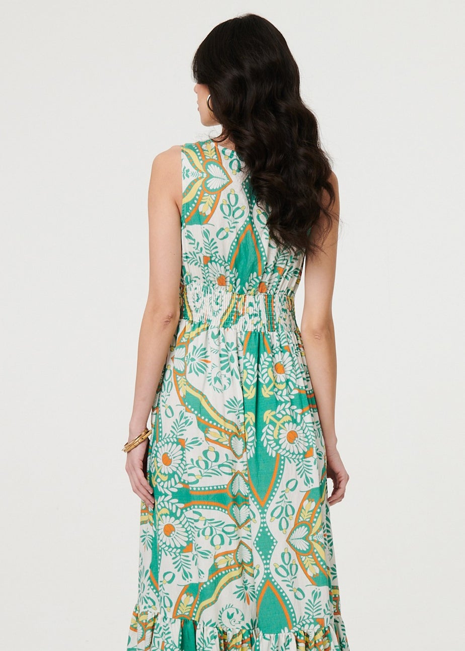 Izabel London Green Printed Sleeveless Tie Empire Maxi Dress