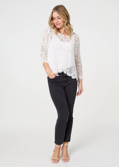 Izabel London White Lace Crochet Semi Sheer Layered Top