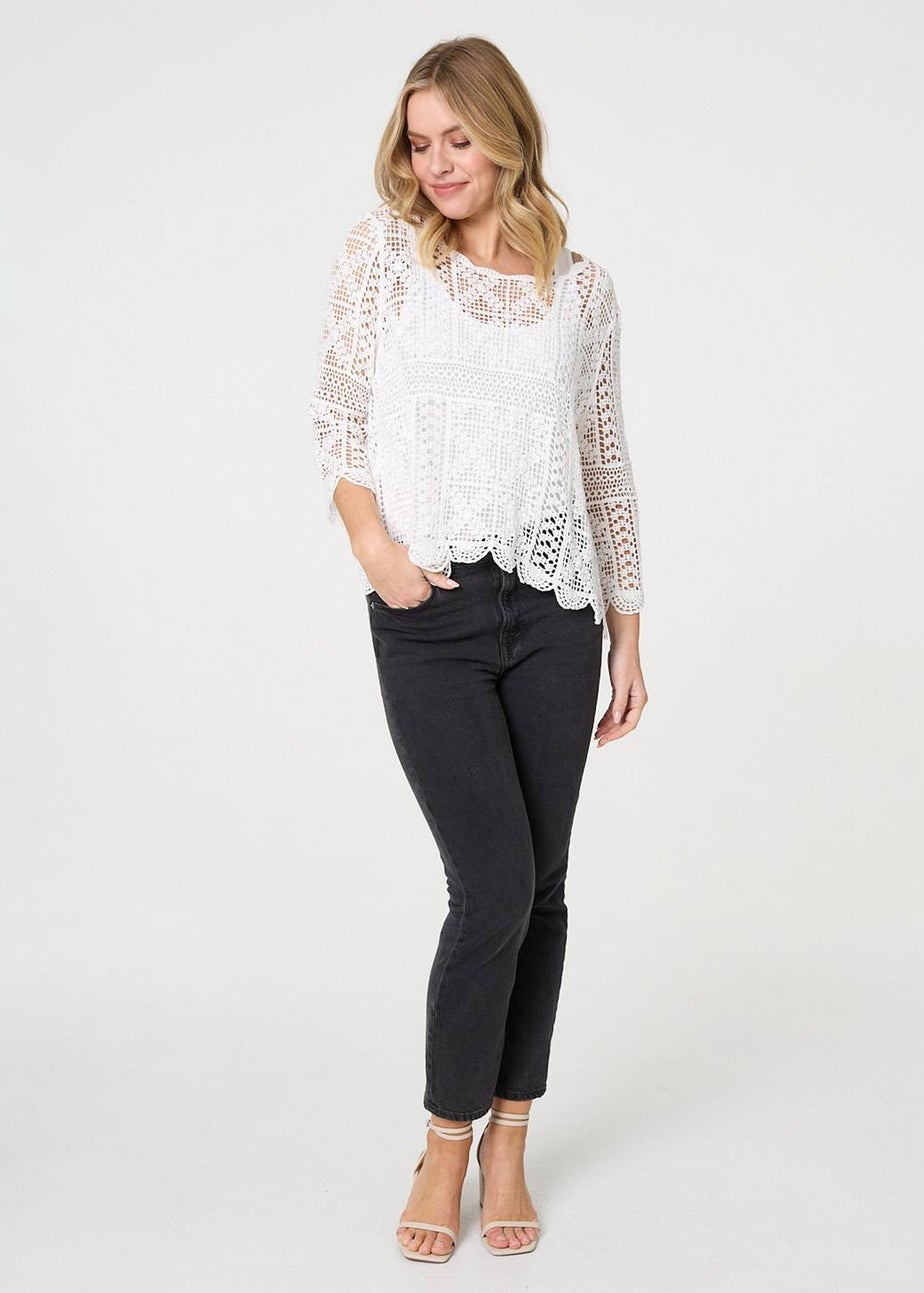 Izabel London White Lace Crochet Semi Sheer Layered Top