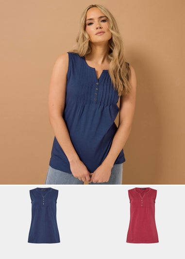 Long Tall Sally 2 Pack Navy Blue & Red Henley Vest Tops