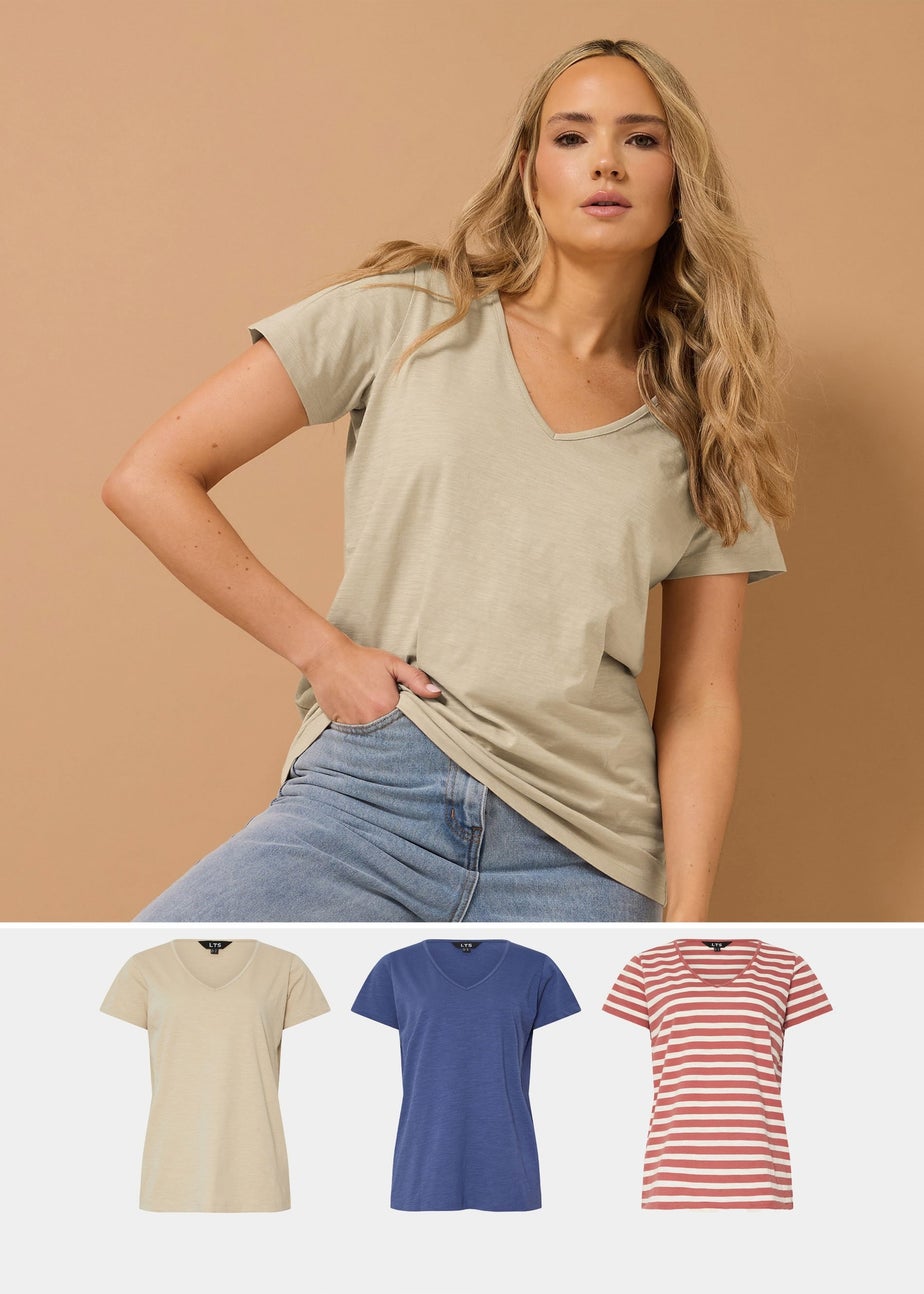 Long Tall Sally 3 Pack Blue & Coral Orange Stripe V-Neck T-Shirts