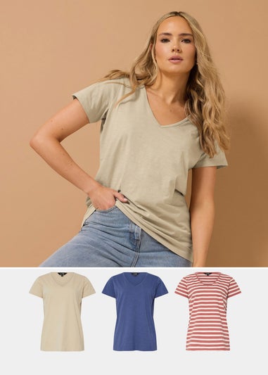 Long Tall Sally 3 Pack Blue & Coral Orange Stripe V-Neck T-Shirts