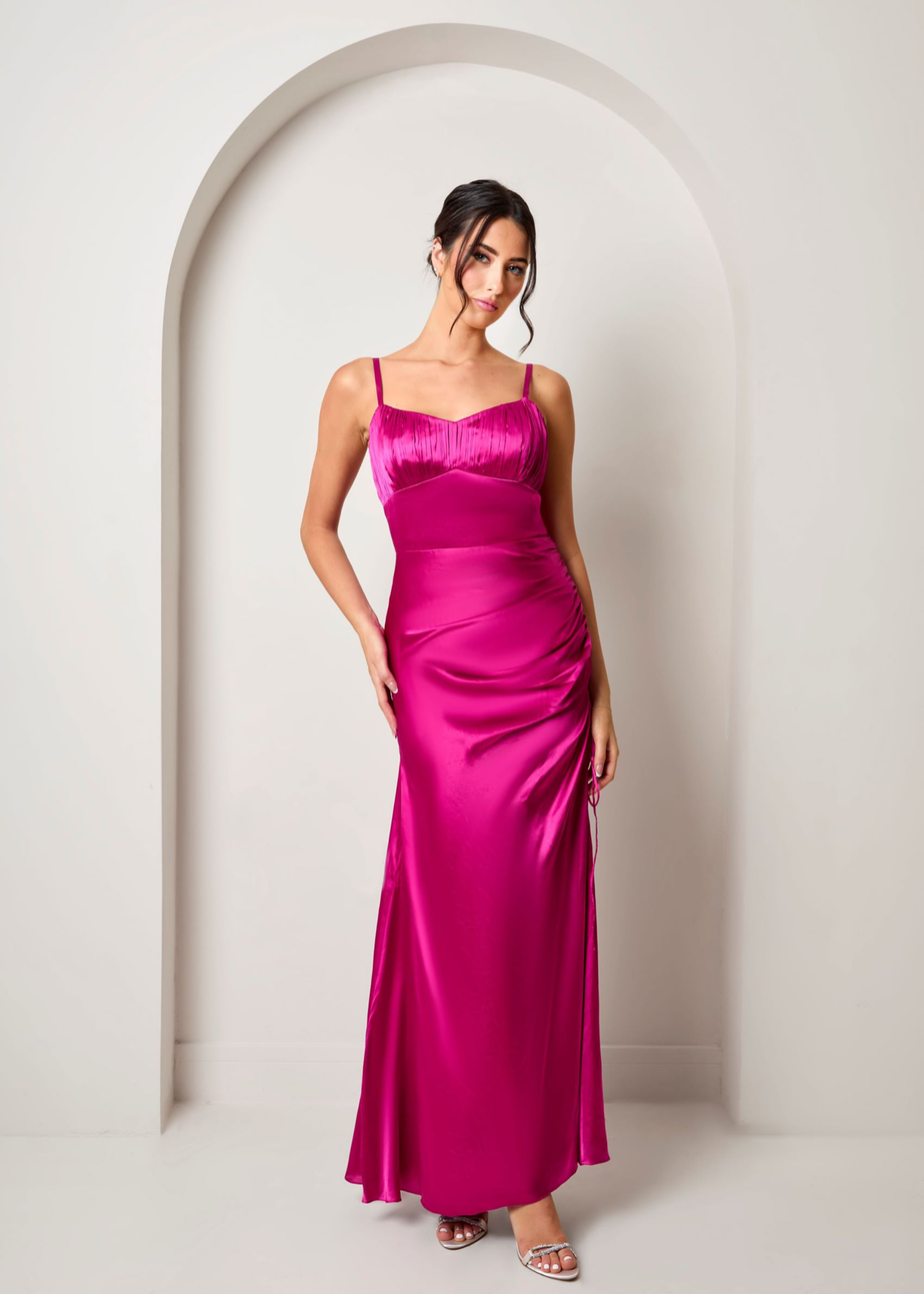 Chi Chi London Ruched Bodice Satin Maxi Dress In Pink