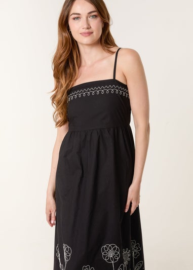 Blue Vanilla Black Strappy Floral Embroidered Cotton Midi Dress
