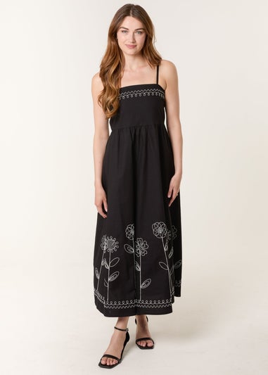 Blue Vanilla Black Strappy Floral Embroidered Cotton Midi Dress
