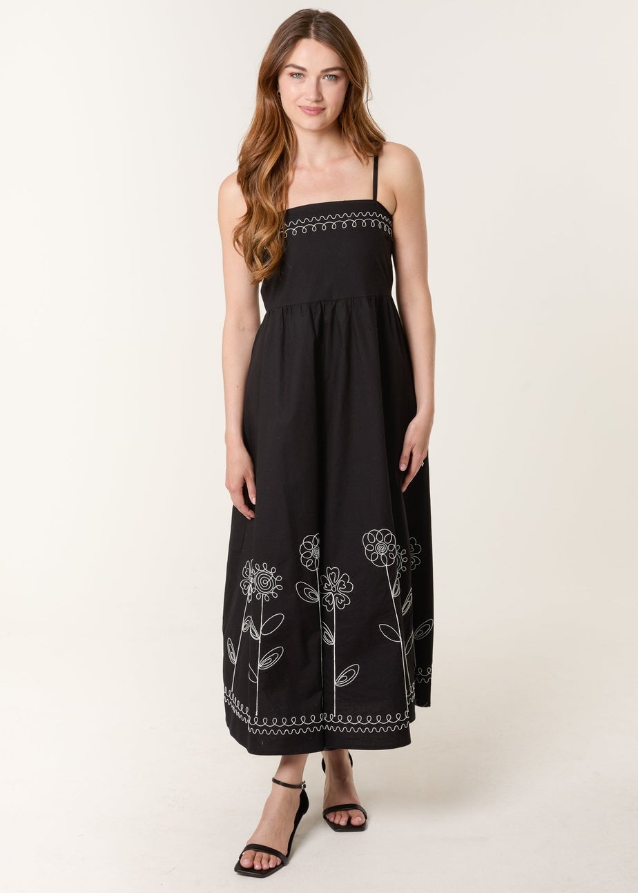 Blue Vanilla Black Strappy Floral Embroidered Cotton Midi Dress