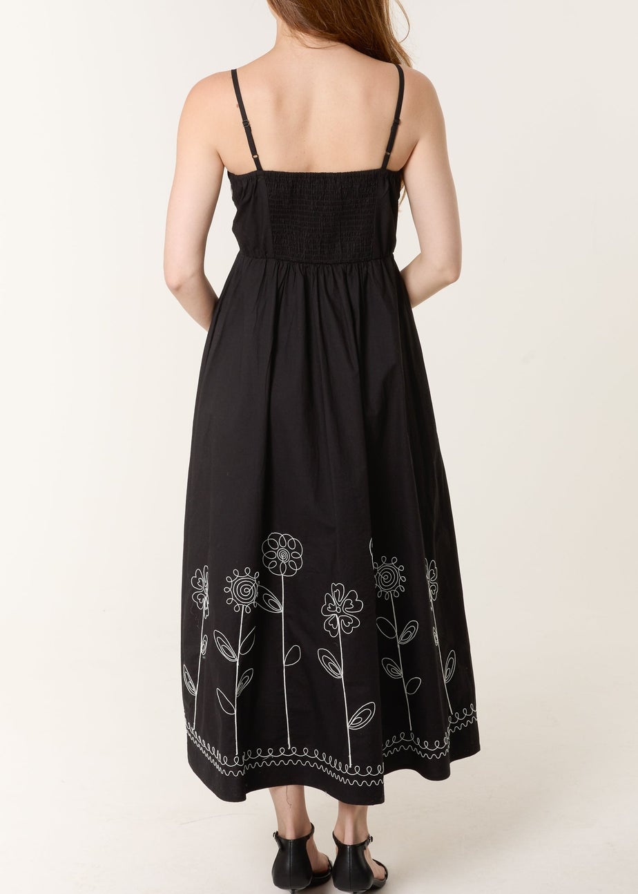 Blue Vanilla Black Strappy Floral Embroidered Cotton Midi Dress