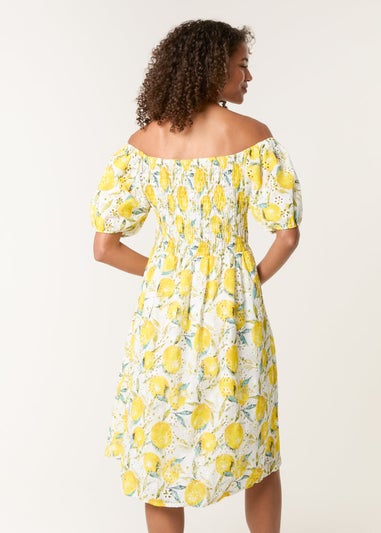 Blue Vanilla Yellow Lemon Print Broderie Anglaise Shirred Dress