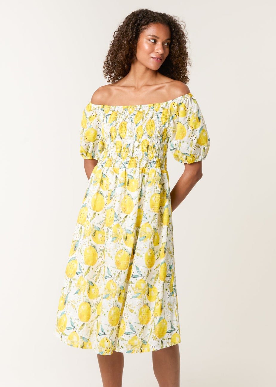 Blue Vanilla Yellow Lemon Print Broderie Anglaise Shirred Dress