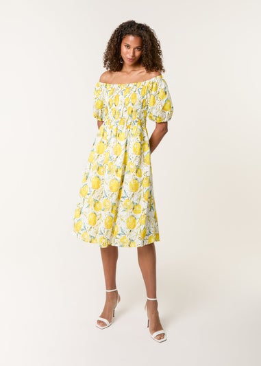 Blue Vanilla Yellow Lemon Print Broderie Anglaise Shirred Dress