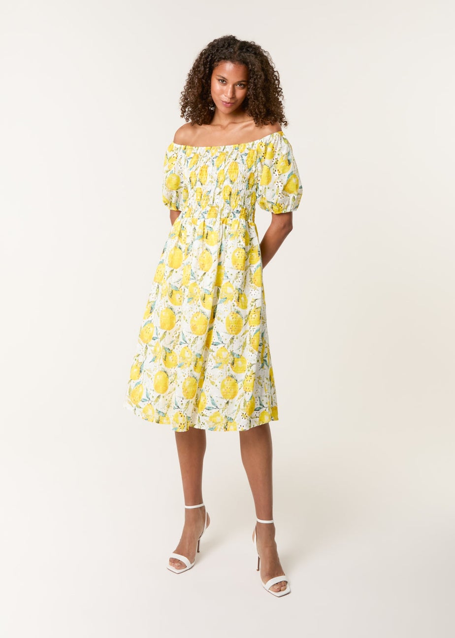 Blue Vanilla Yellow Lemon Print Broderie Anglaise Shirred Dress