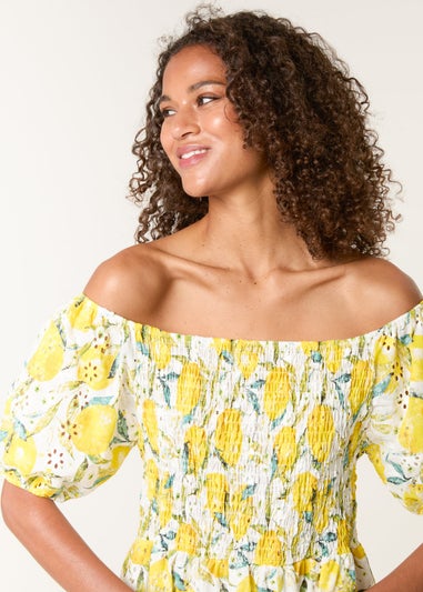 Blue Vanilla Yellow Lemon Print Broderie Anglaise Shirred Dress