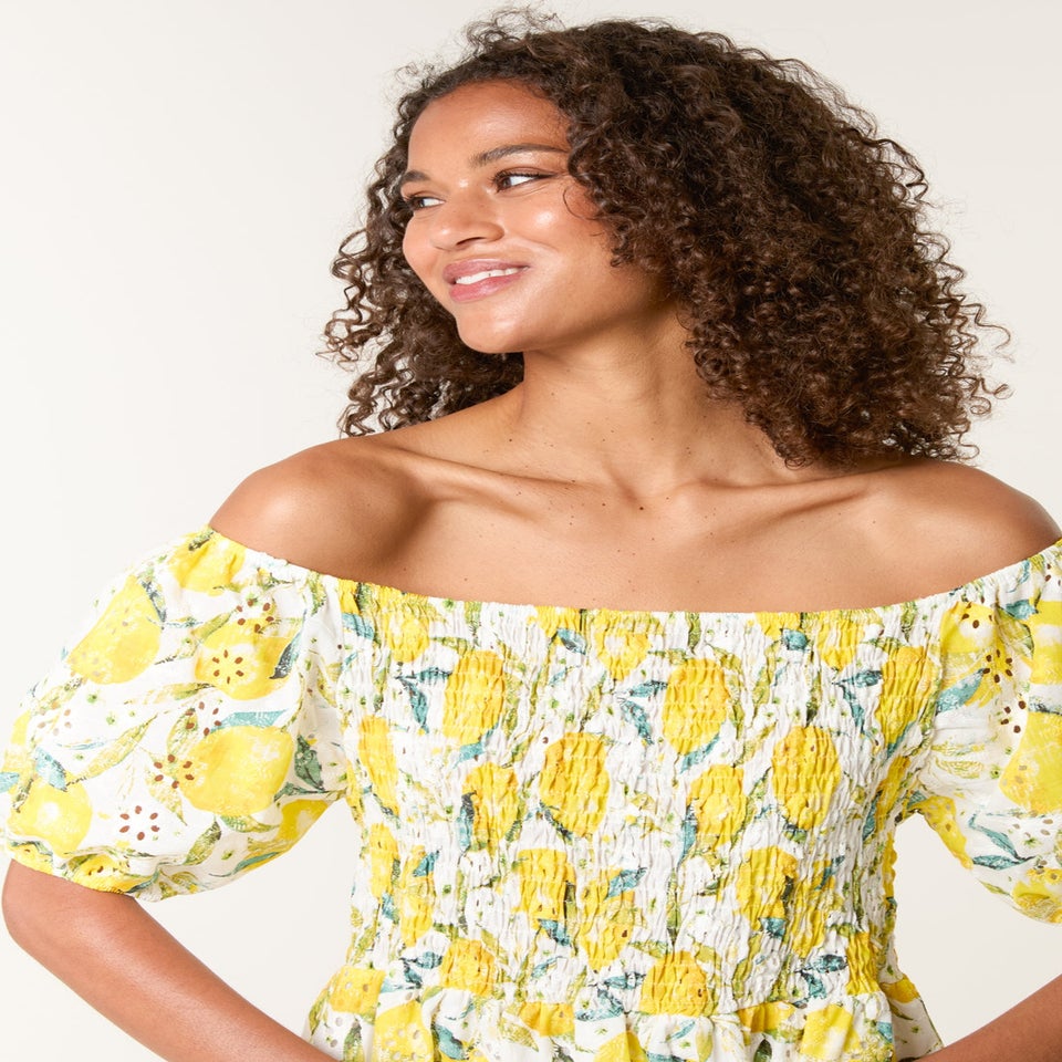 Blue Vanilla Yellow Lemon Print Broderie Anglaise Shirred Dress
