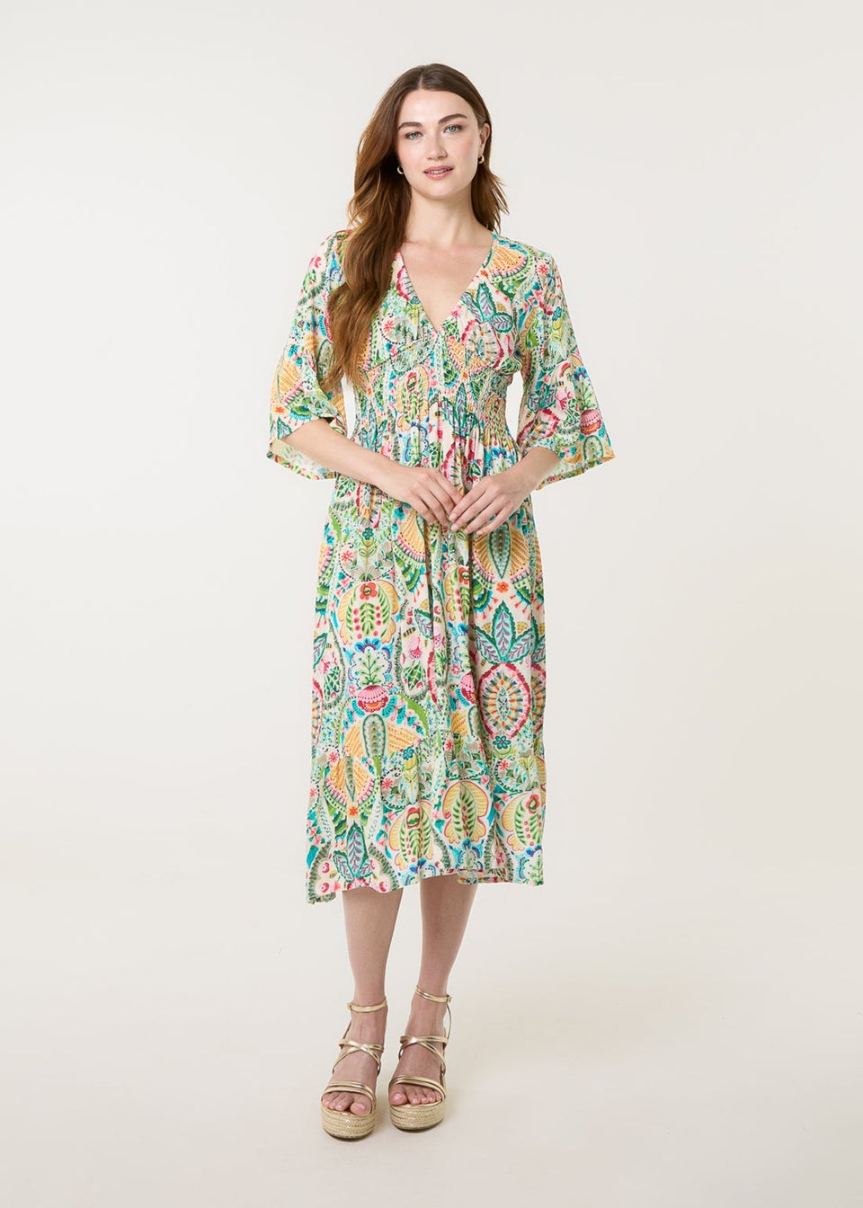 Blue Vanilla Multi V Neck Paisley Print Midi Dress