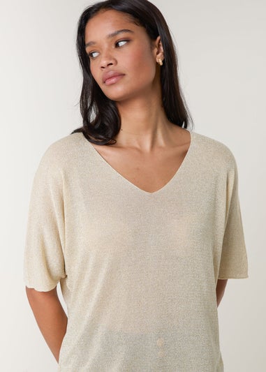 Blue Vanilla Gold Metallic Fine Gauge Lightweight Knit Top