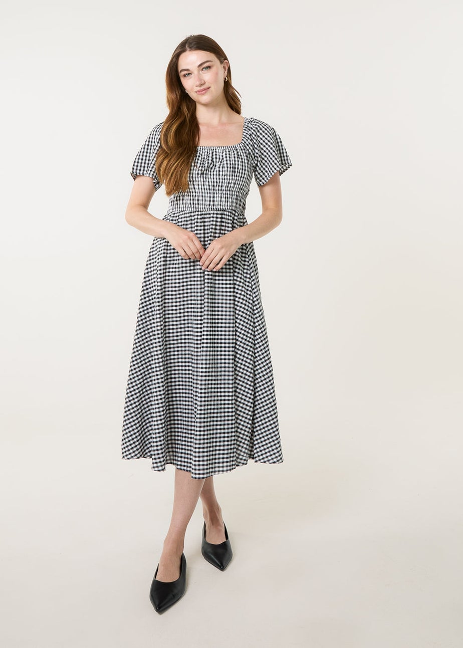 Blue Vanilla Black Shirred Gingham Midi Dress