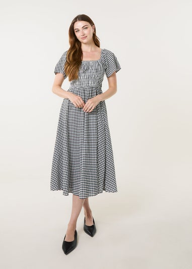Blue Vanilla Black Shirred Gingham Midi Dress