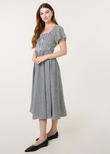 Blue Vanilla Black Shirred Gingham Midi Dress