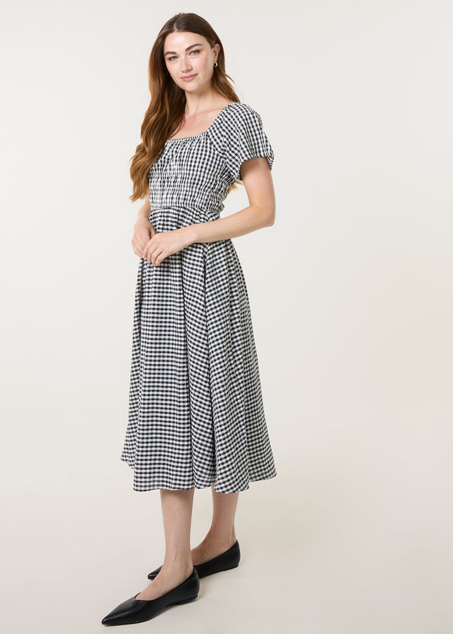 Blue Vanilla Black Shirred Gingham Midi Dress