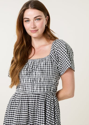 Blue Vanilla Black Shirred Gingham Midi Dress
