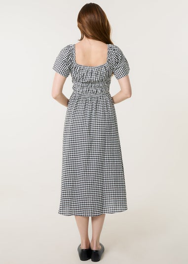 Blue Vanilla Black Shirred Gingham Midi Dress