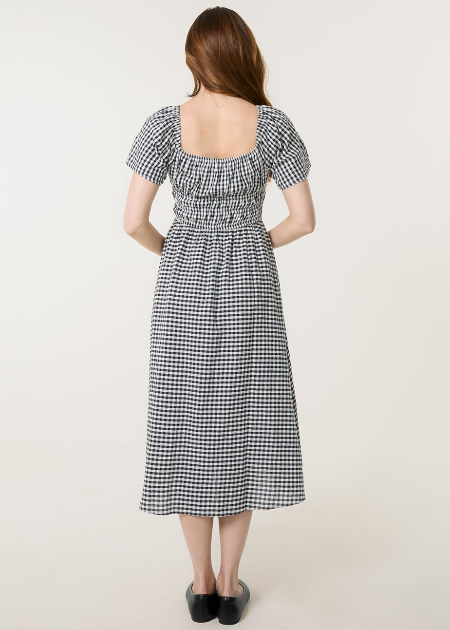 Blue Vanilla Black Shirred Gingham Midi Dress
