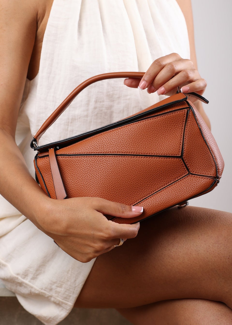Where's That From Tan Abrazo Geometric Top Handle Bag