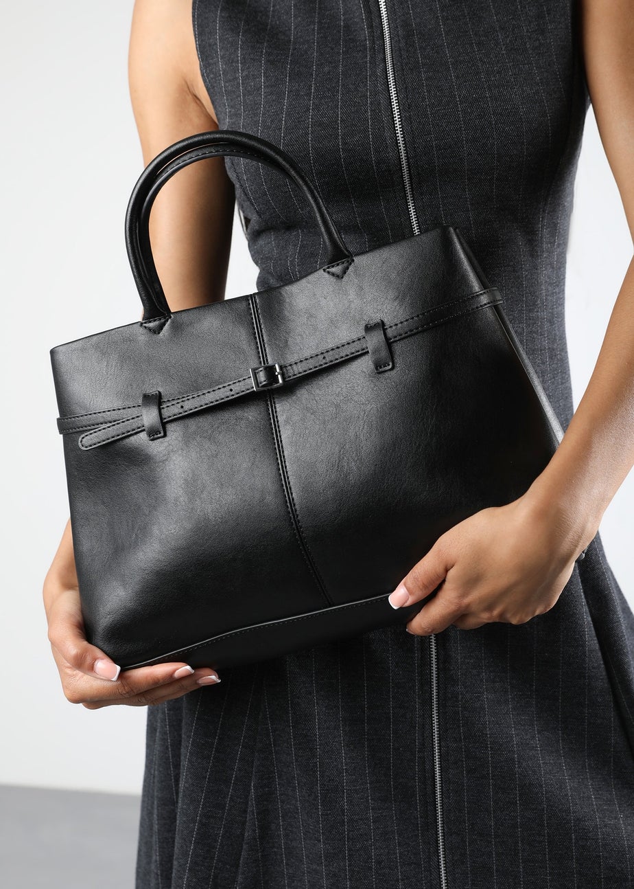 Where's That From Flores Black Luxury Structured Leather Tote Bag