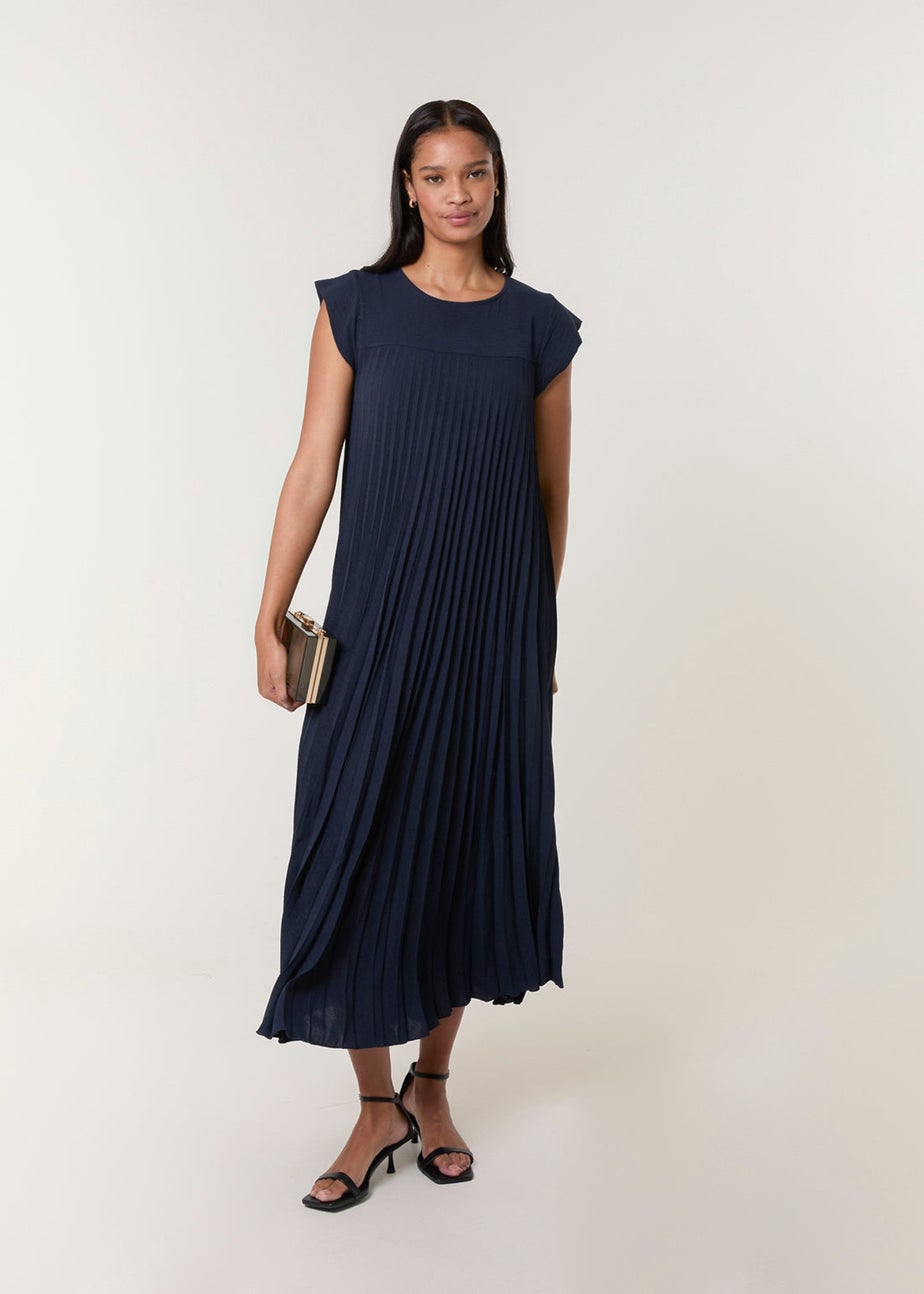 Blue Vanilla Navy Pleated Plain Long Dress